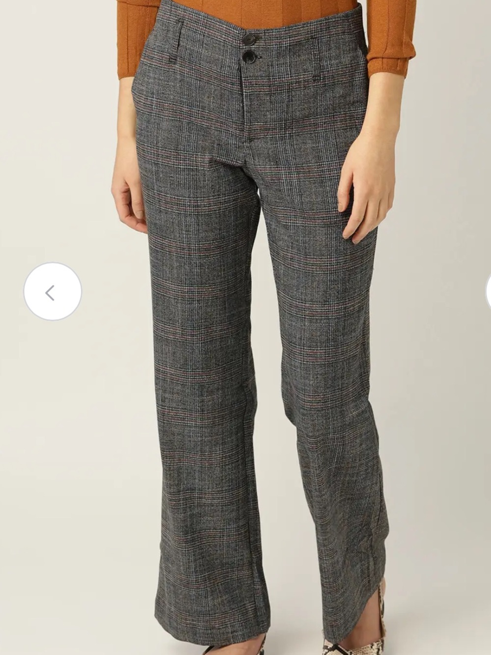 Mango Casual Plaid Dress Pants in Gray with Subtle Brown & Blue Windowpane
Large